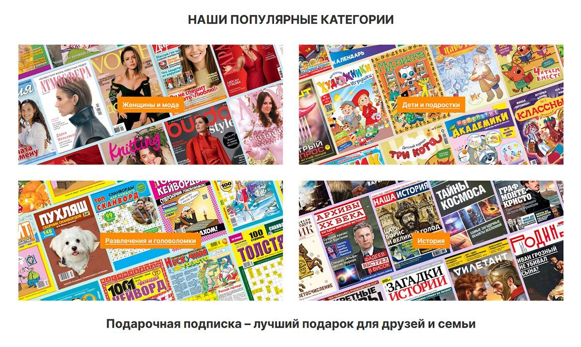 Eine Collage aus russischsprachigen Zeitschriftencovern, sortiert in vier farblich abgesetzte Kategorien mit Beschriftung: „Женщины и мода“ (Frauen und Mode), „Дети и подростки“ (Kinder und Jugendliche), „Развлечения и головоломки“ (Unterhaltung und Rätsel) sowie „История“ (Geschichte). Darunter steht der Satz: „Подарочная подписка – лучший подарок для друзей и семьи“ (Geschenkabo – das beste Geschenk für Freunde und Familie).
