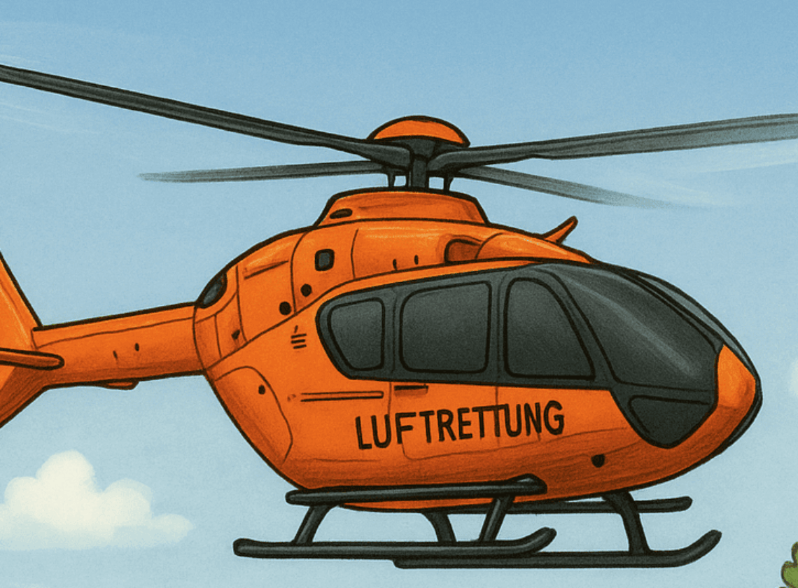 Illustration eines orangefarbenen Rettungshubschraubers mit der Aufschrift „LUFTRETTUNG“ an der Seite. Der Hubschrauber fliegt vor blauem Himmel mit wenigen Wolken, im unteren Bildrand sind Baumkronen zu sehen.