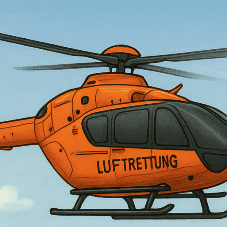 Illustration eines orangefarbenen Rettungshubschraubers mit der Aufschrift „LUFTRETTUNG“ an der Seite. Der Hubschrauber fliegt vor blauem Himmel mit wenigen Wolken, im unteren Bildrand sind Baumkronen zu sehen.