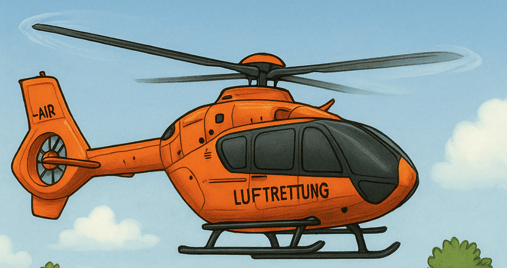 Illustration eines orangefarbenen Rettungshubschraubers mit der Aufschrift „LUFTRETTUNG“ an der Seite. Der Hubschrauber fliegt vor blauem Himmel mit wenigen Wolken, im unteren Bildrand sind Baumkronen zu sehen.