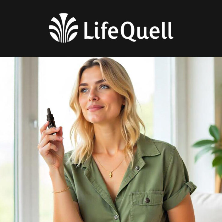 Frau steht am Fenster mit einem Lifequell-Produkt in der Hand